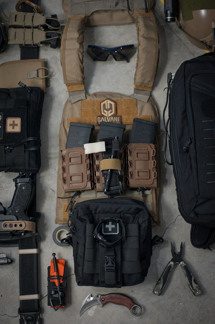 Top view of tactical gear and accessories including pouches, tools, and eyewear.